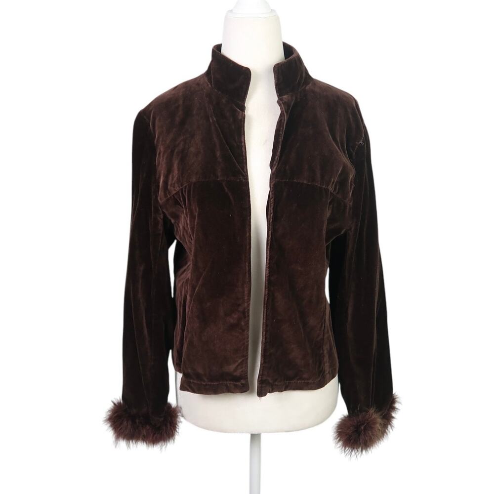 Vintage 90s dark brown velvet jacket with feather cuff trim S